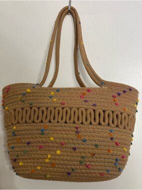 Woven Tan Tote with Colourful Pom Accents NWT